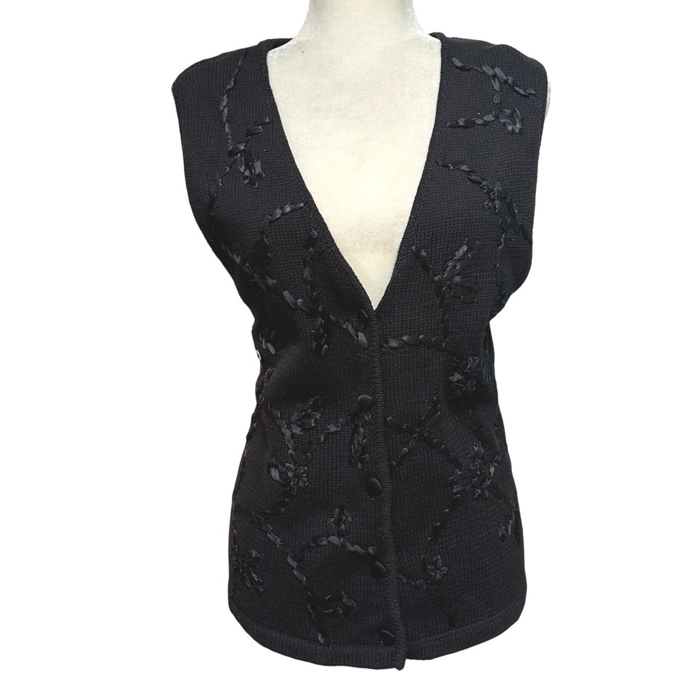 Vtg 90s Y2k Knit Womens Vest Sz L Ribbon Floral Embroidery Whimsygoth Coquette